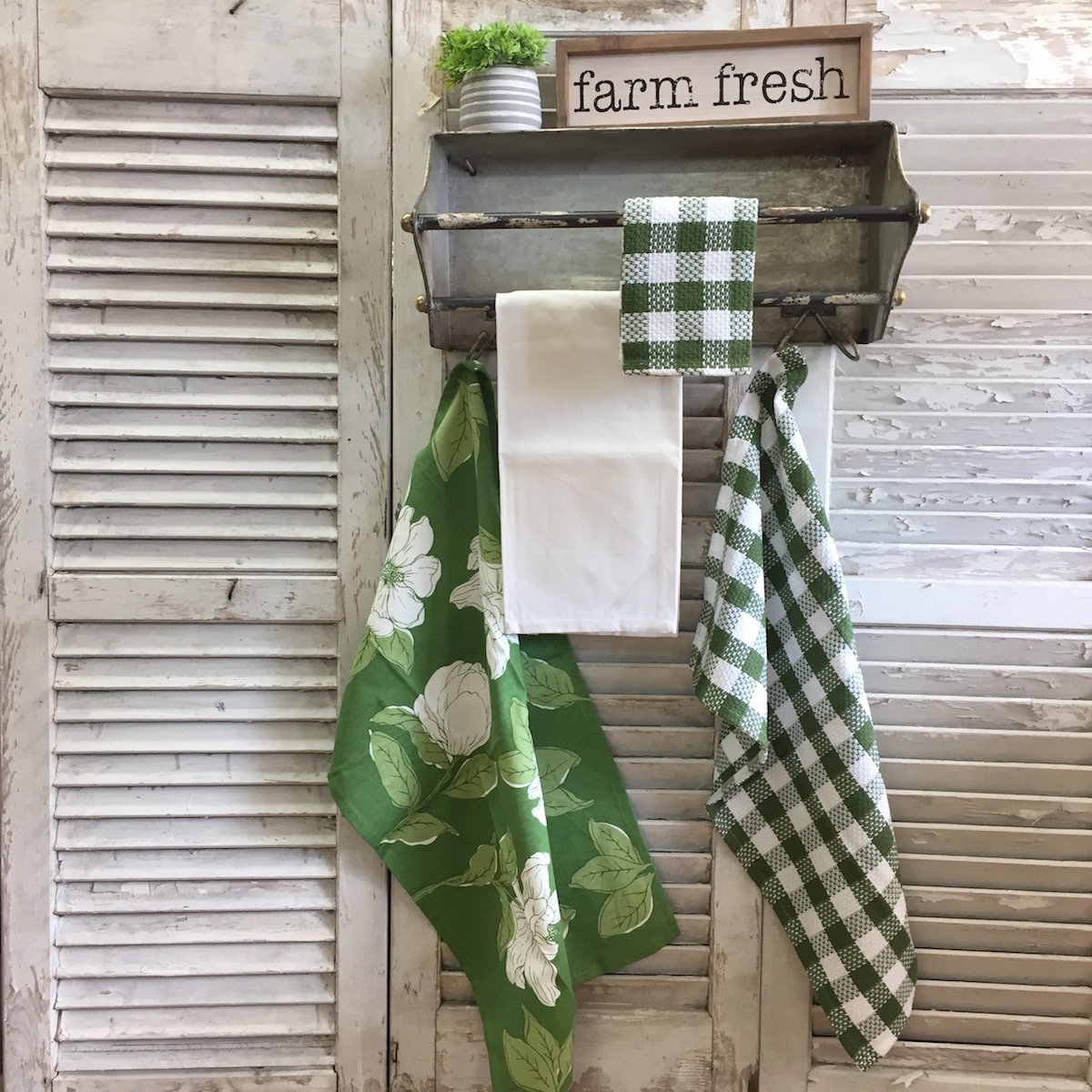 Farmhouse Buffalo Check Waffle Weave Green and White Kitchen