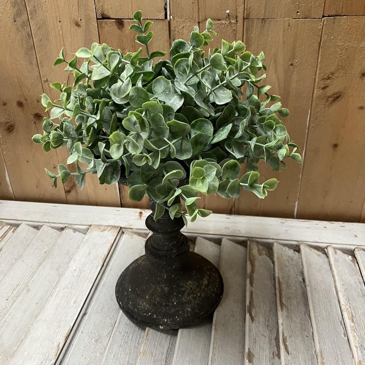 French Gray Aged Patina Small Decorative Holder with Greenbriar Eucalyptus Greenery