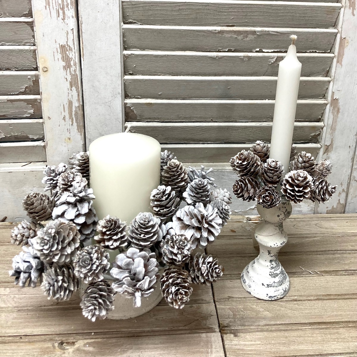Snow Dust Pinecone Wreath and Candle Rings