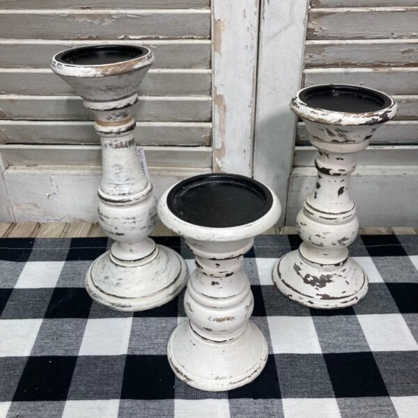Chippy White Washed Wood Candle Holders