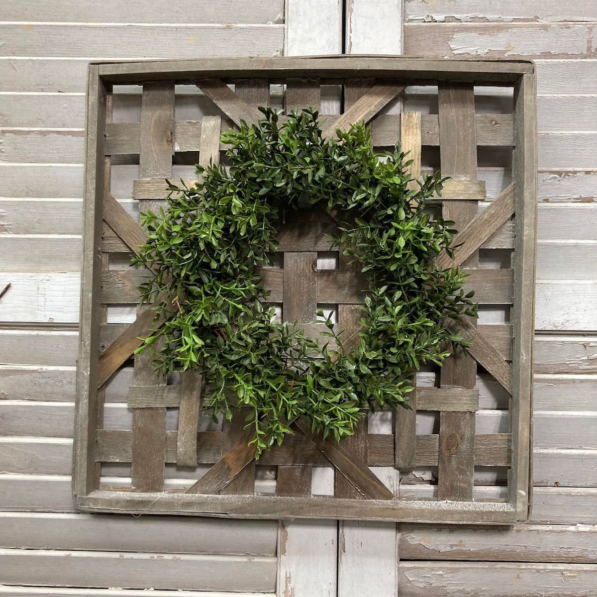Greywashed Square Lattice Work Decorative Frame with a Boxwood Wreath