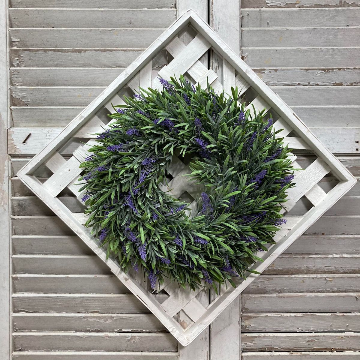Whitewashed Square Lattice Work Decorative Frame with a Lavender Wreath