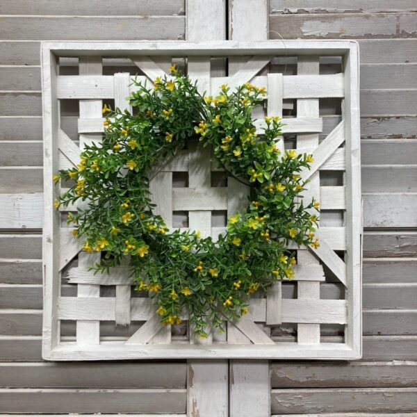 Whitewashed Square Lattice Work Decorative Frame with a Yellow Floral Wreath