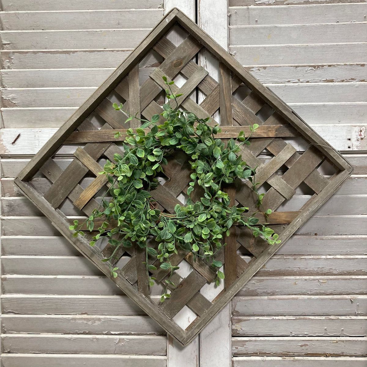 Greywashed Square Lattice Work Decorative Frame with a Vined Wreath