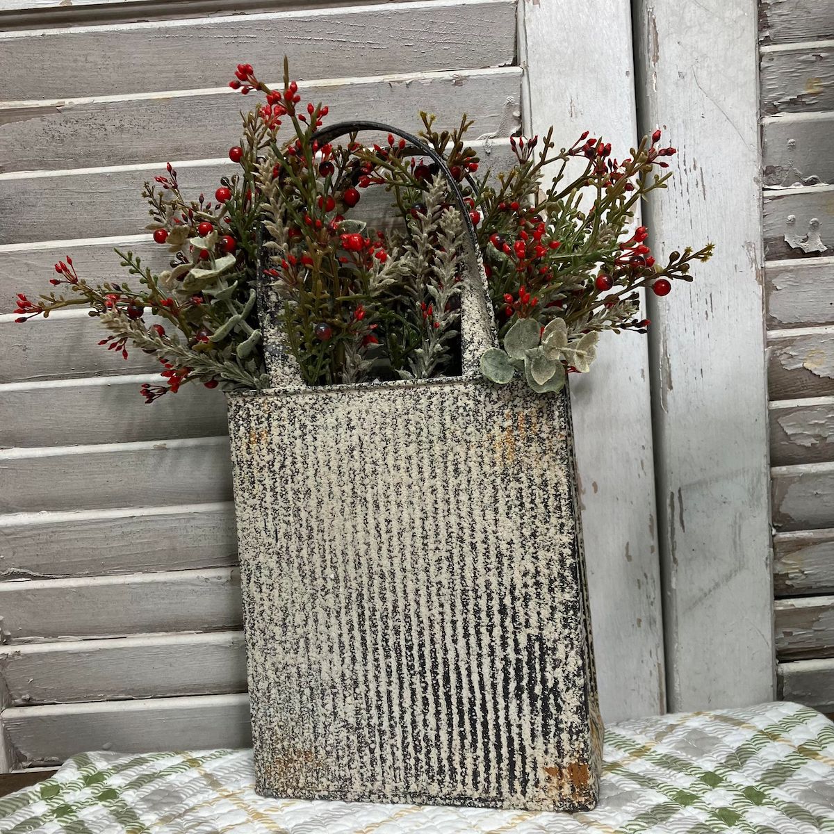 Galvanized Market Basket with Foggy Morning Eucalyptus and Berries