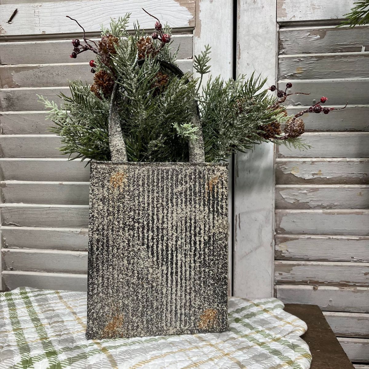 Galvanized Market Basket with Snowcapped Pine Bushes