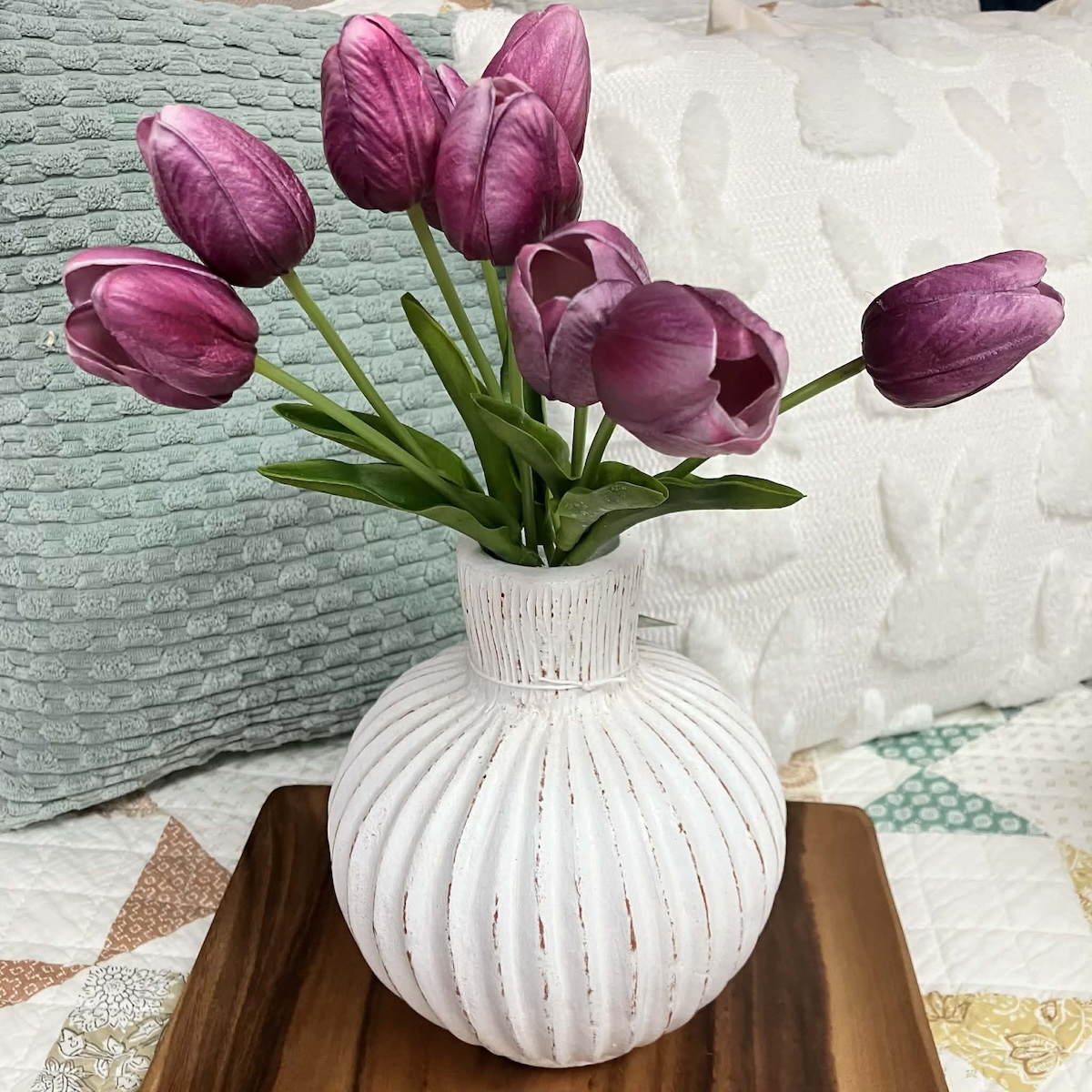 Set of 6 Purple Real Touch Tulips in White Vessel Set of 6 Purple Real Touch Tulips in White Vessel