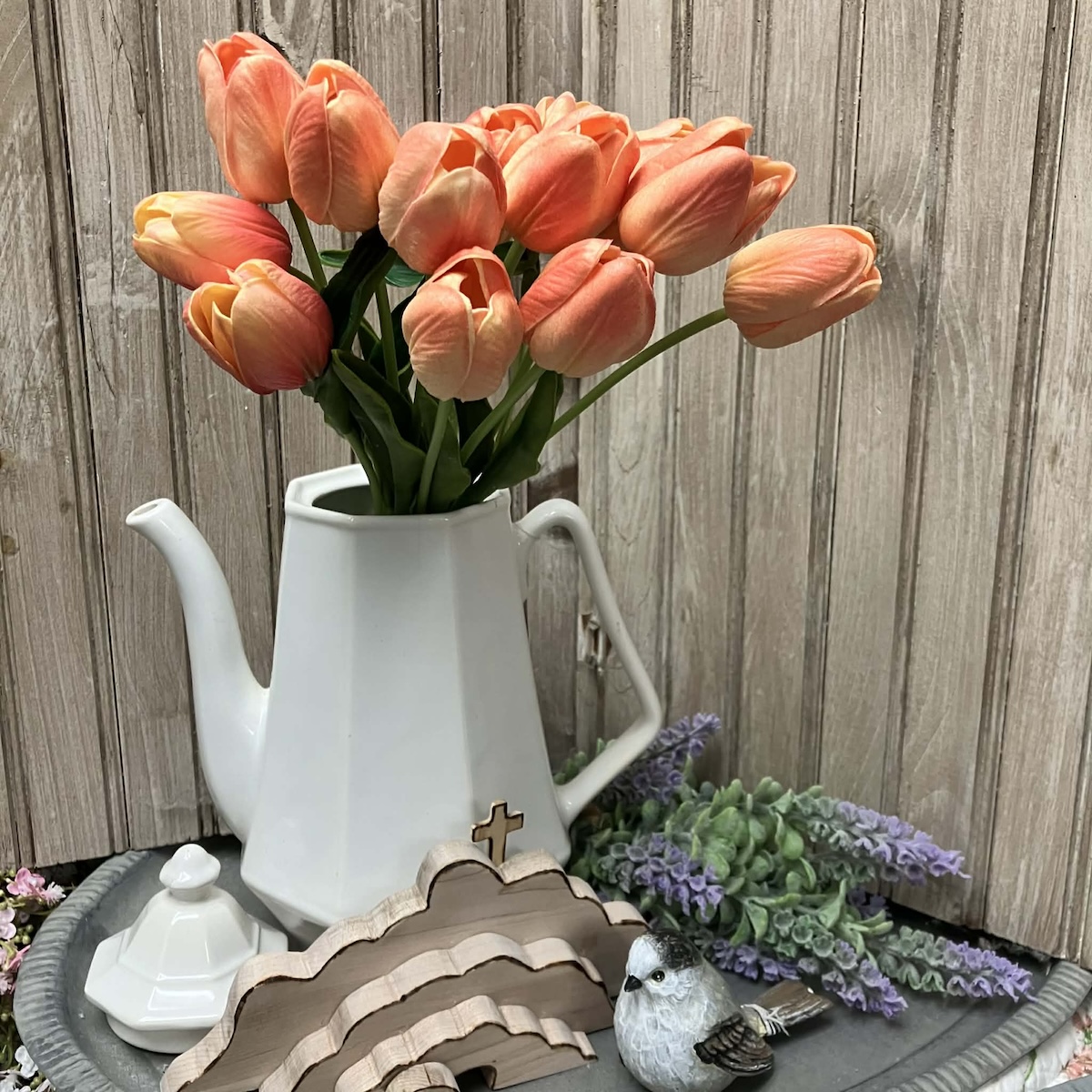 Sorbet Real Touch Tulips Bouquet in Ironstone Teapot