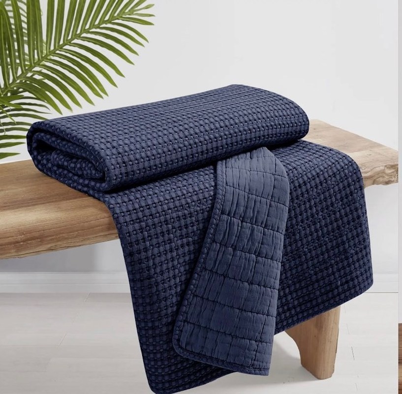 Waffle Weave Navy Quilted Throw Blanket