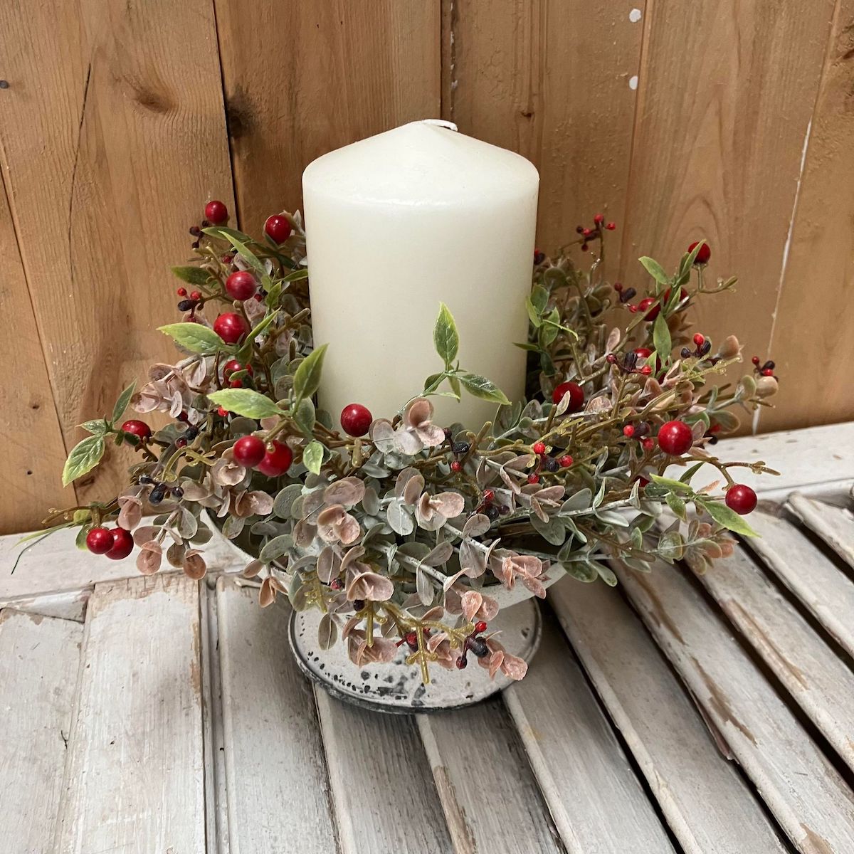 Foggy Morning Foliage with Berries Small Wreath and Candle Ring