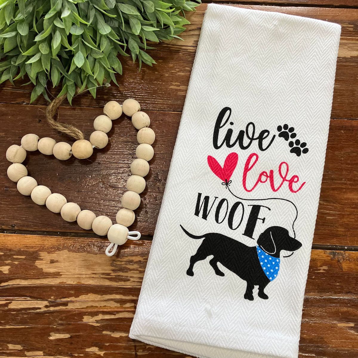 Live Love Woof Kitchen Towel with Beaded Heart