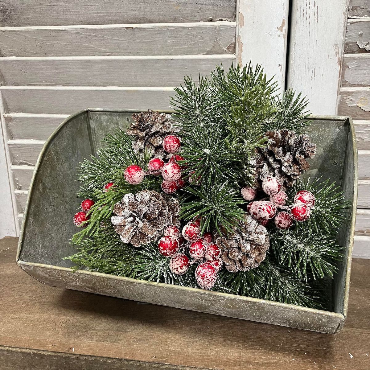 Galvanized Decorative Grain Scoop with Frosted Fir & Berries Winter Greens