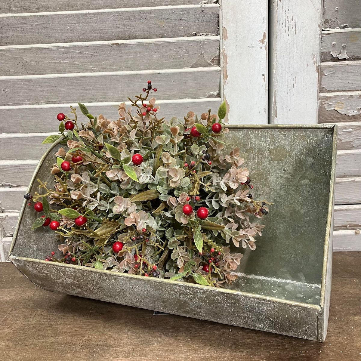 Galvanized Decorative Grain Scoop with Foggy Morning Eucalyptus with Berries