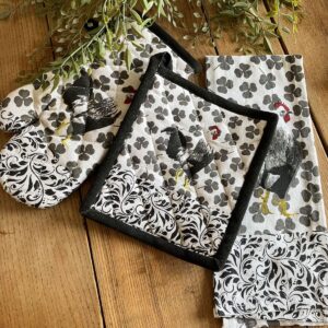 Cornucopia's Lucky Rooster Kitchen Towel, Oven Mitt and Pot Holder