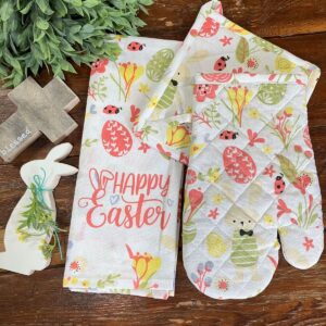 Happy Easter Kitchen Towel, Pot Holder and Oven Mitt shown with wood rabbit and mini cross.