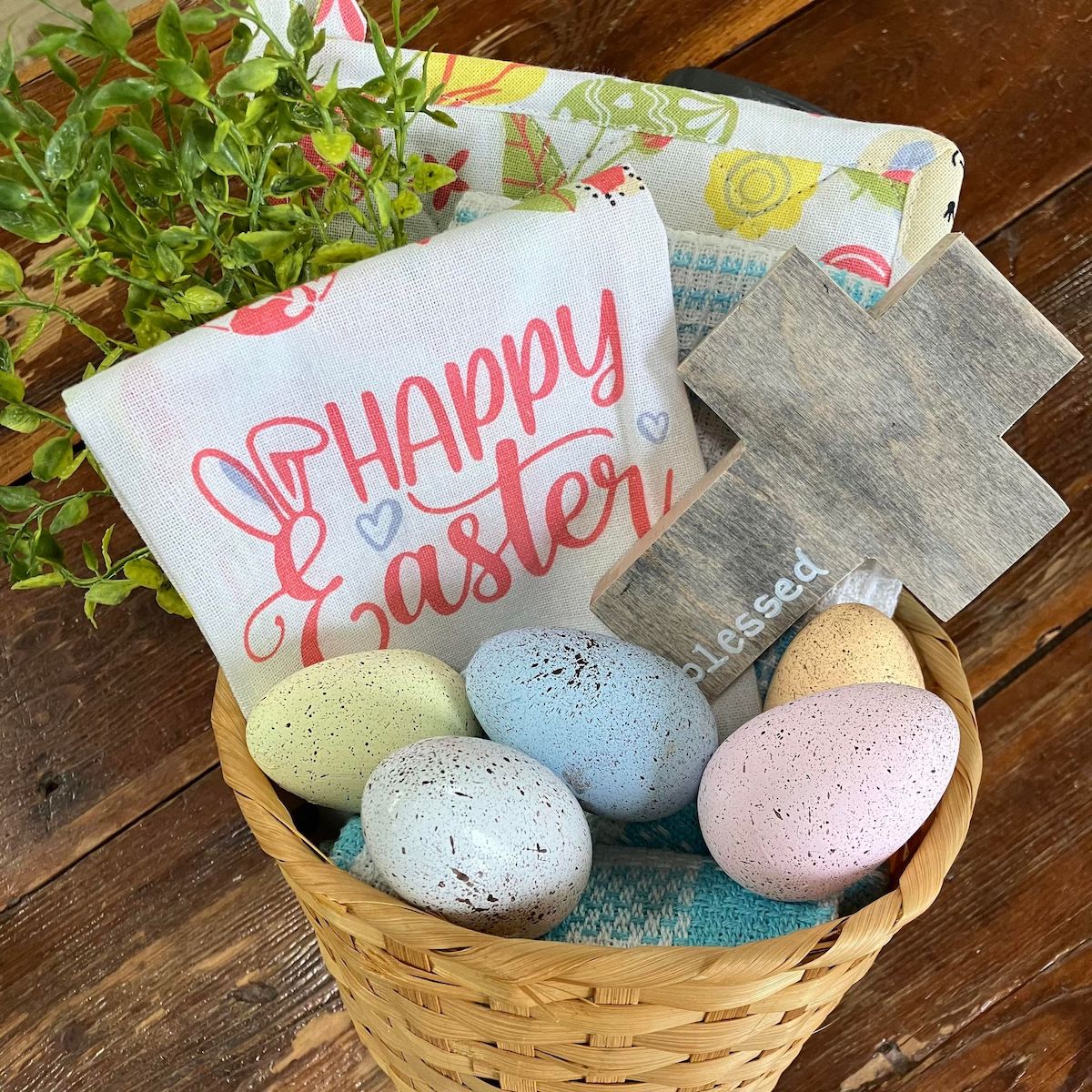 Easter Gift Basket: Kitchen Towel, Pot Holder, Wooden Eggs and Cross with Green Sprig