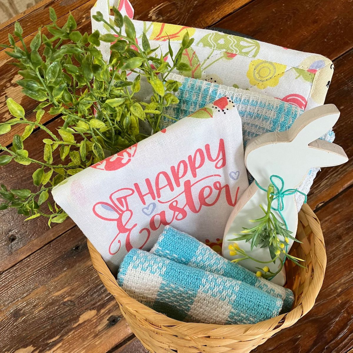 Easter Gift Basket: Kitchen Towel, Pot Holder, Wooden Rabbit and Aqua Plaid Kitchen Towel and Dish Clothes with Green Sprig