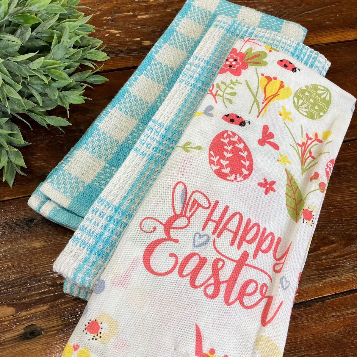 Happy Easter Kitchen Towel, Aqua and White Plaid Kitchen Towels