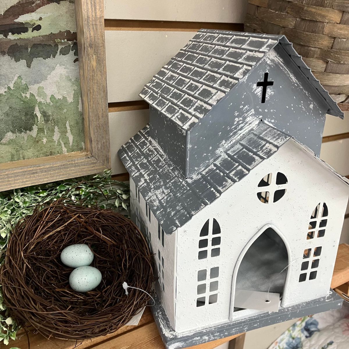 Bird Nest with 2 Blue Eggs shown with Chapel