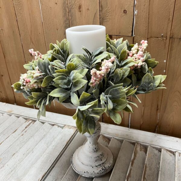 Shallow Straits Greenery and Pink Mini Berries Small Candle Ring or Wreath Shallow Straits Greenery and Pink Mini Berries Small Candle Ring or Wreath