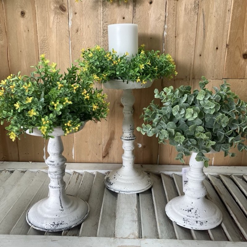 Cream Aged Patina Decorative Holders with Yellow Jonabelle and Greenbriar Eucalyptus Greenery