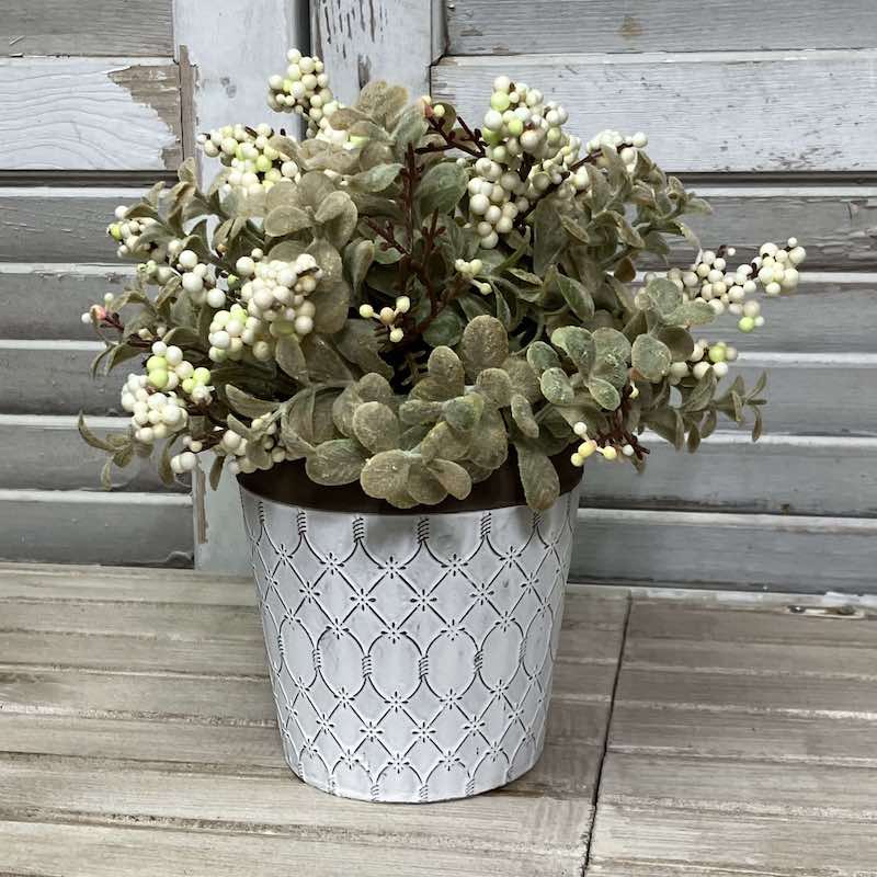 Eucalyptus with Cream Berry Clusters Half Sphere on Ceramic Pot