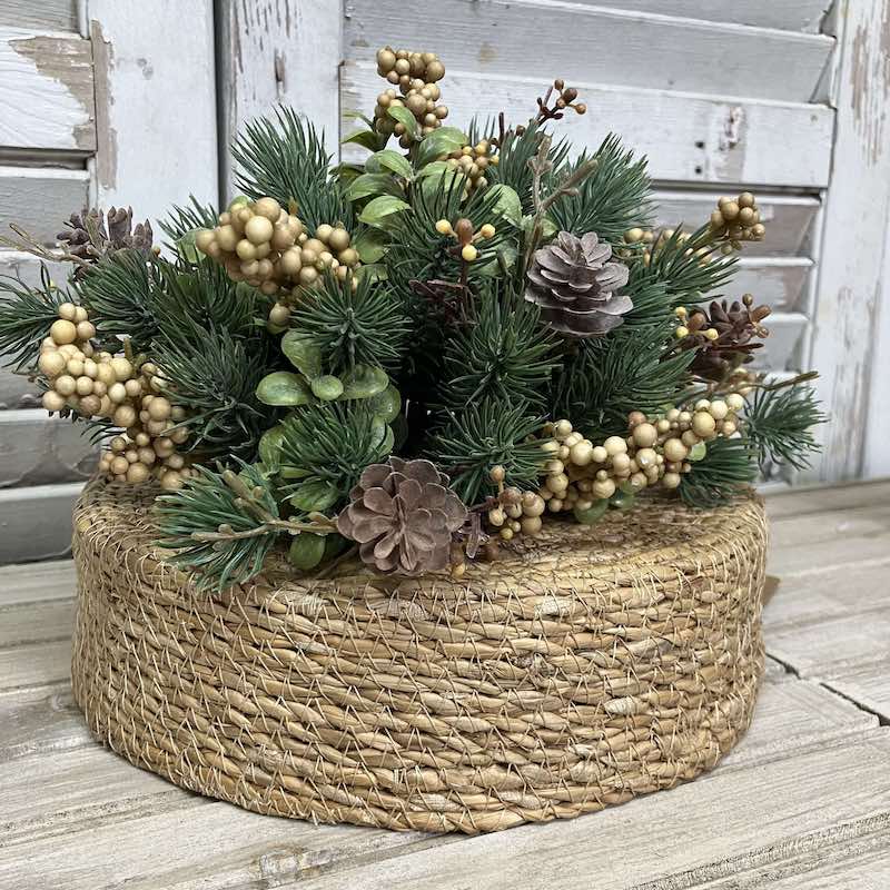 Laden Berries and pinecones with spruce greenery Half Sphere on a Basket Riser