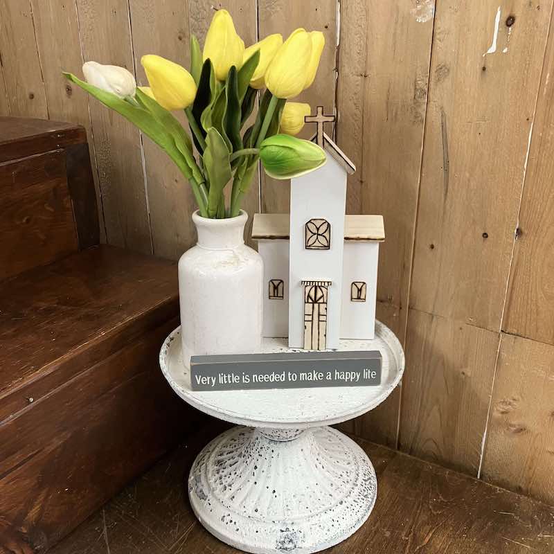 Aged Patina Cream Atessa Decorative Pedestal with a Tulip Bouquet, Handmade Chapel and mini sign.