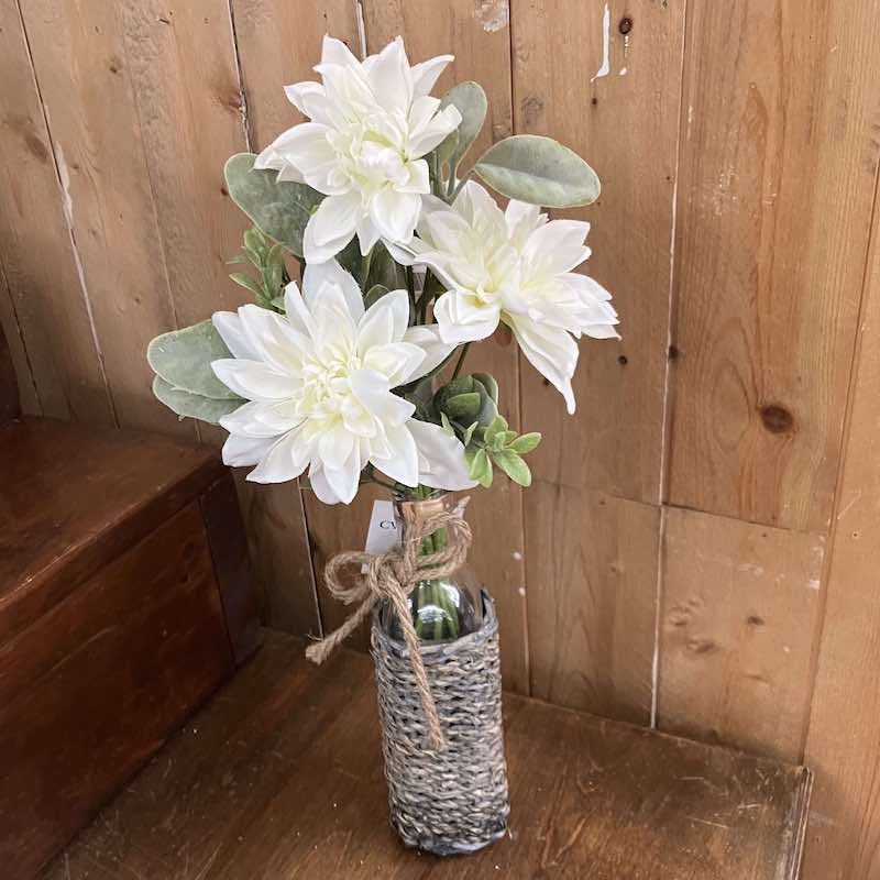 Seaglass Wrapped Glass Bottle with Arabesque Blooms Bouquet in White.