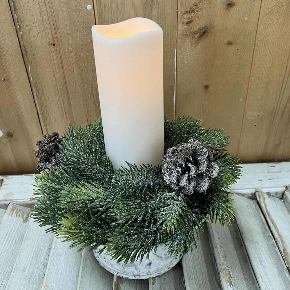 Icy Aspen Pine Candle Ring Faux Winter Greenery