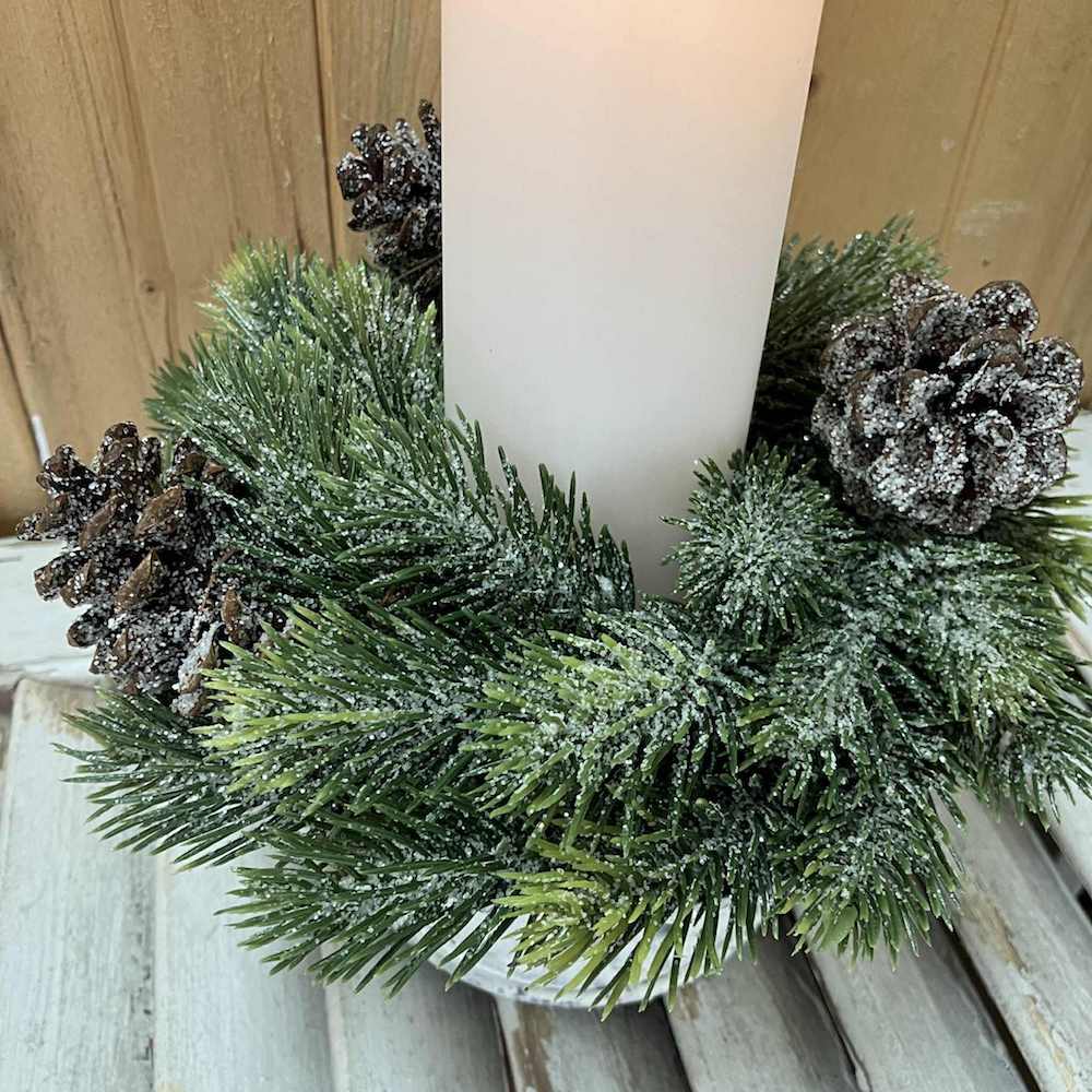 Icy Aspen Pine Candle Ring Faux Winter Greenery