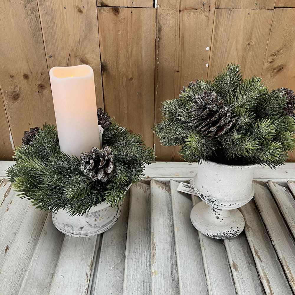 Icy Aspen Pine Half Sphere and Candle Ring Faux Winter Greenery