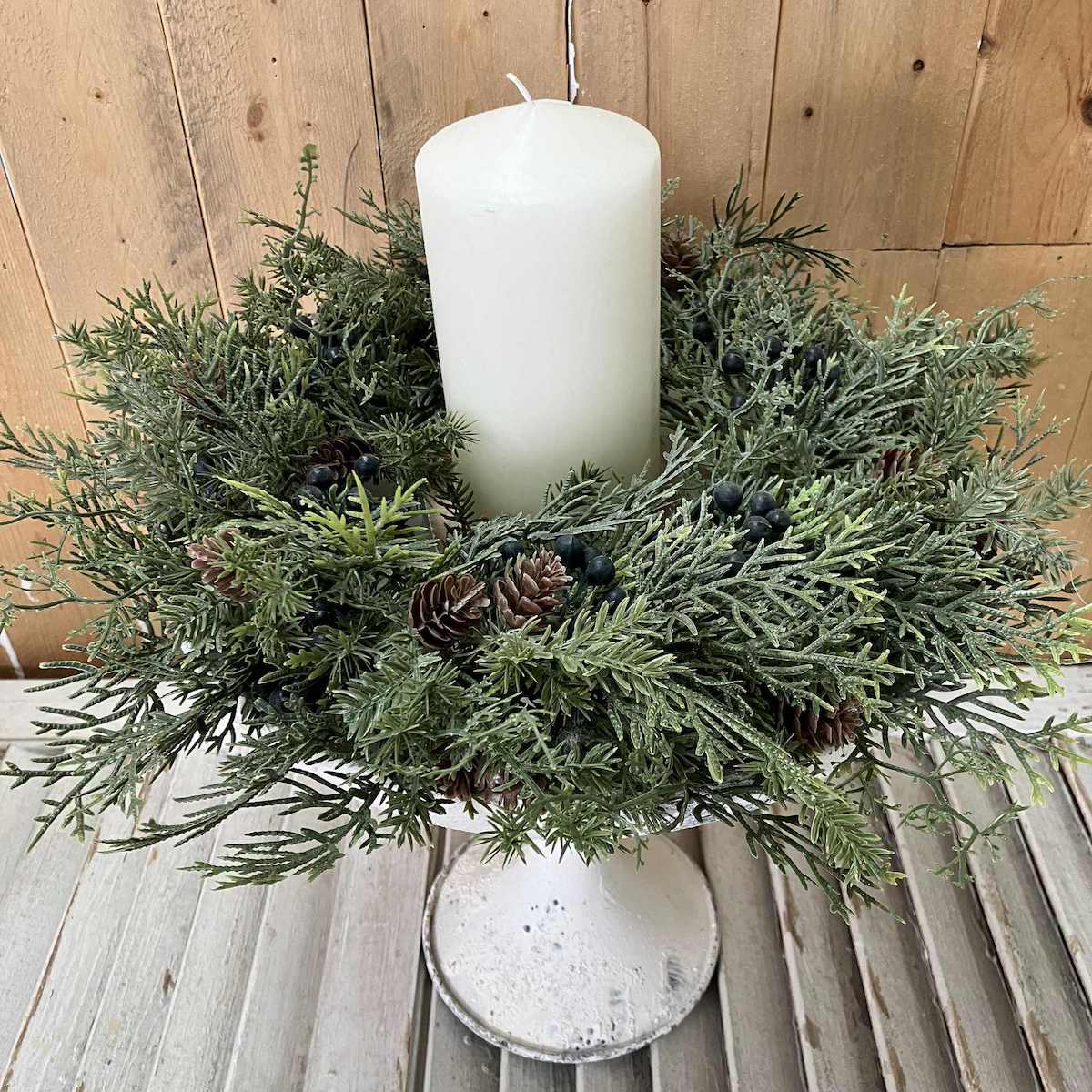 Siberian Cypress and Berries Faux Greenery Medium Wreath and Candle Ring
