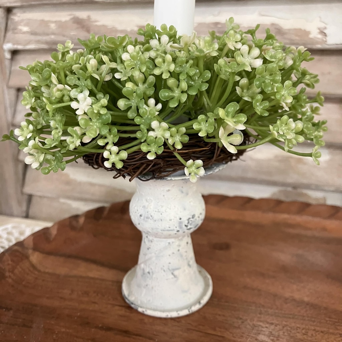 Elfin White Blooms and Greenery Mini Candle Ring