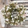 Blossom Mist – White Faux Floral Half Sphere (7”) Small Candle Ring and Wreath Stardust White Flowers and Greenery Small Candle Ring and Wreath