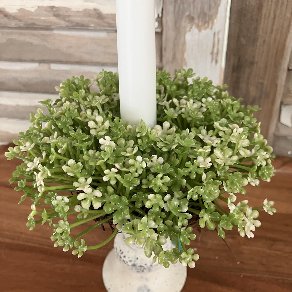 Elfin White Blooms and Greenery Mini Candle Ring