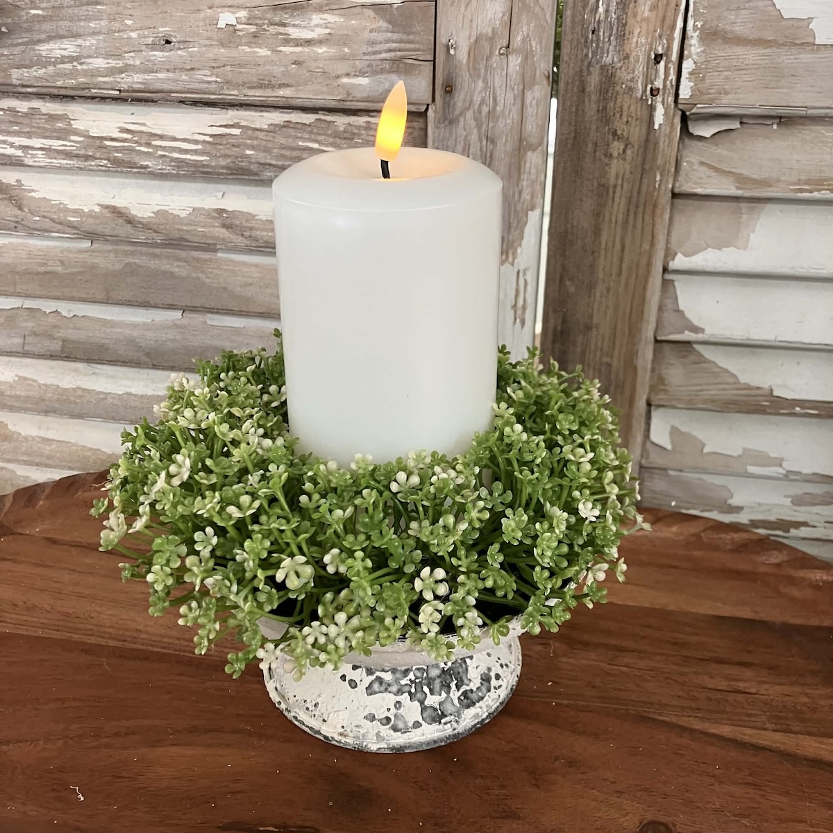 Elfin White Blooms and Greenery Small Candle Ring