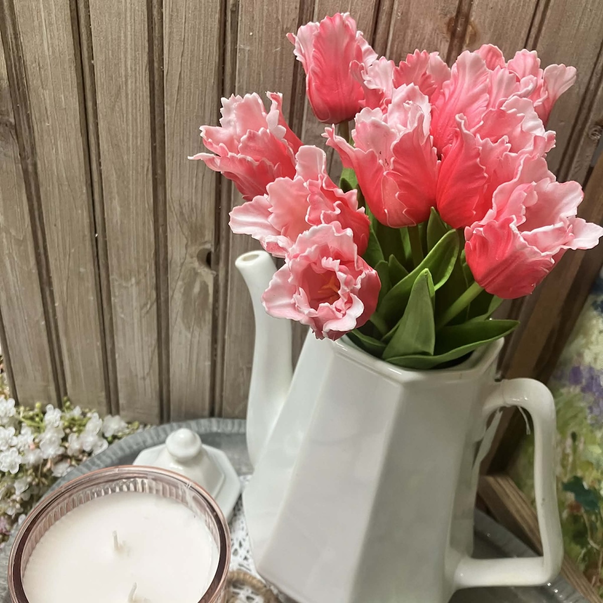 Set of 6 Bright Pink Ruffled Tulips in Pitcher