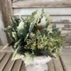 Iced Calgery Faux Greenery Half Sphere on Chippy White Urn