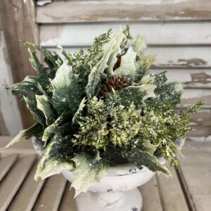 Iced Calgery Faux Greenery Half Sphere on Chippy White Urn