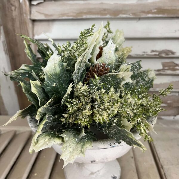Iced Calgery Faux Greenery Half Sphere on Chippy White Urn